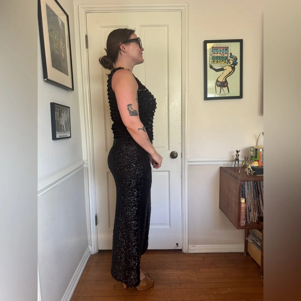 60s Vintage Black Sequin Knit Blouse and Skirt Set Medium - Picture 3 of 14